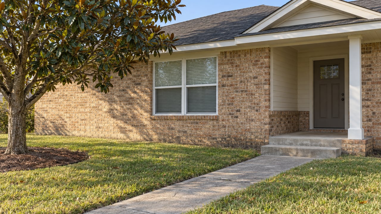 Tan brick single-story home with a covered entry, concrete walk, broad lawn and one magnolia in afternoon light.