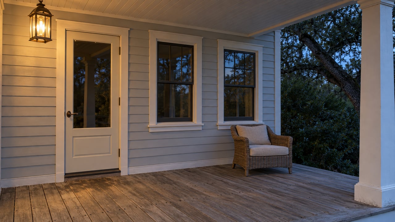 Warm porch lantern illuminating a pale-gray clapboard entry and weathered wood decking at blue hour.