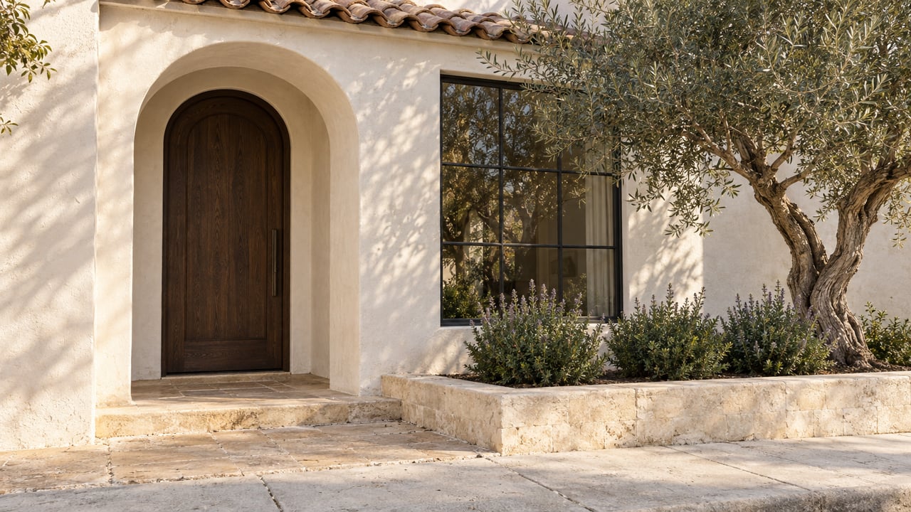 White stucco residence with an arched oak door, dark window, and sculptural olive tree.