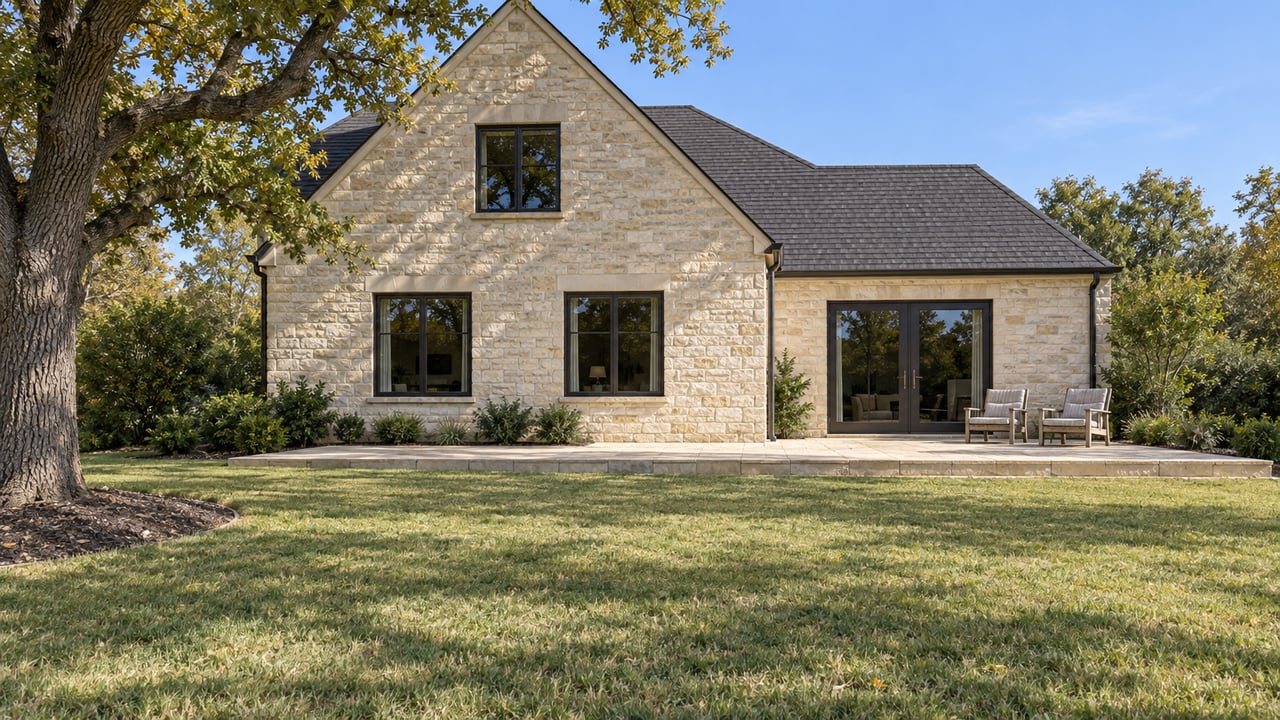 Limestone home with charcoal gabled roofs, a stone terrace, and a broad lawn shaded by a mature bur oak.