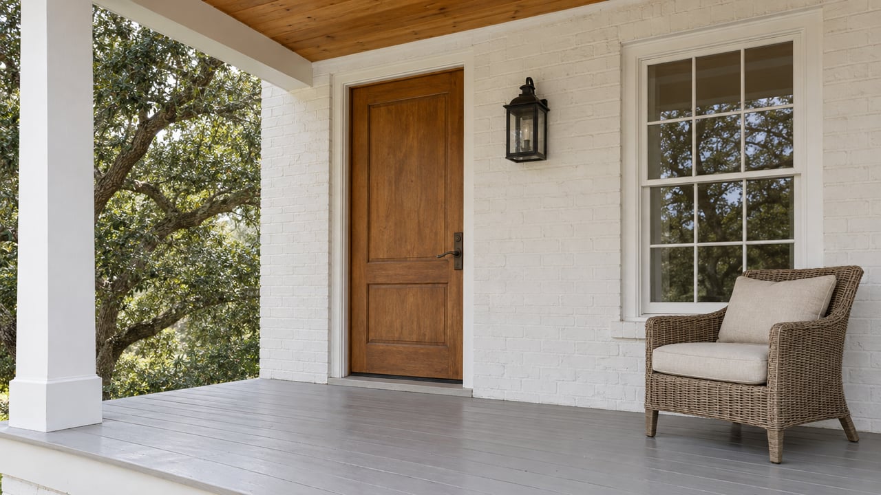 Covered entry with a warm wood door, white painted brick, gridded window, and woven chair beneath a wood ceiling.
