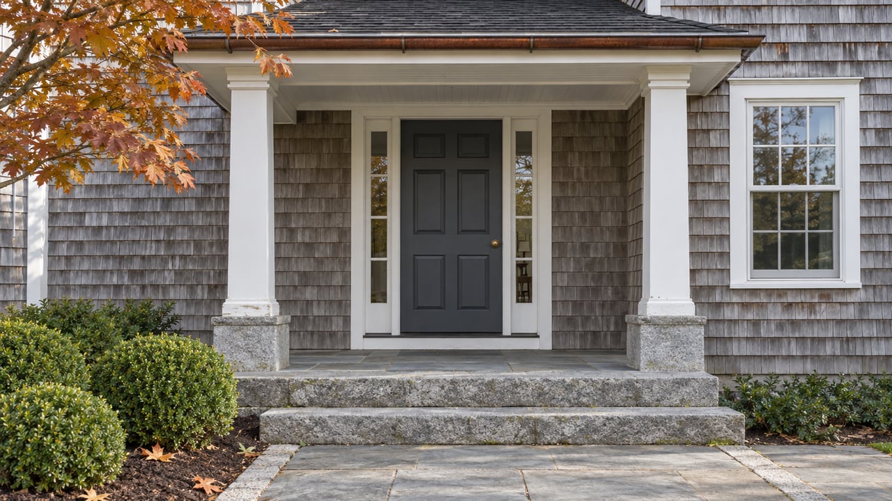Gray shingle home with a charcoal front door, white porch trim, granite steps and amber maple leaves.