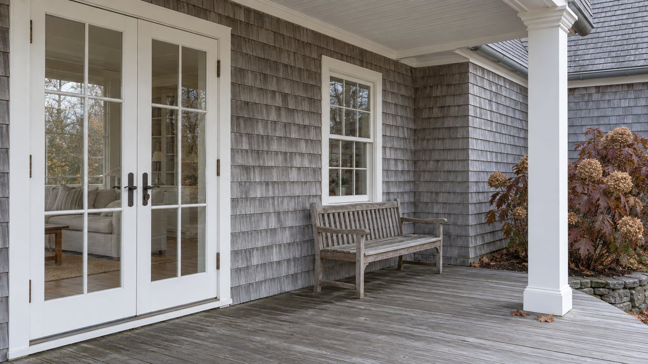 Weathered cedar-shingle home with a sheltered gray porch, closed white-trimmed glass doors, a teak bench, and late-autumn oakleaf hydrangea.