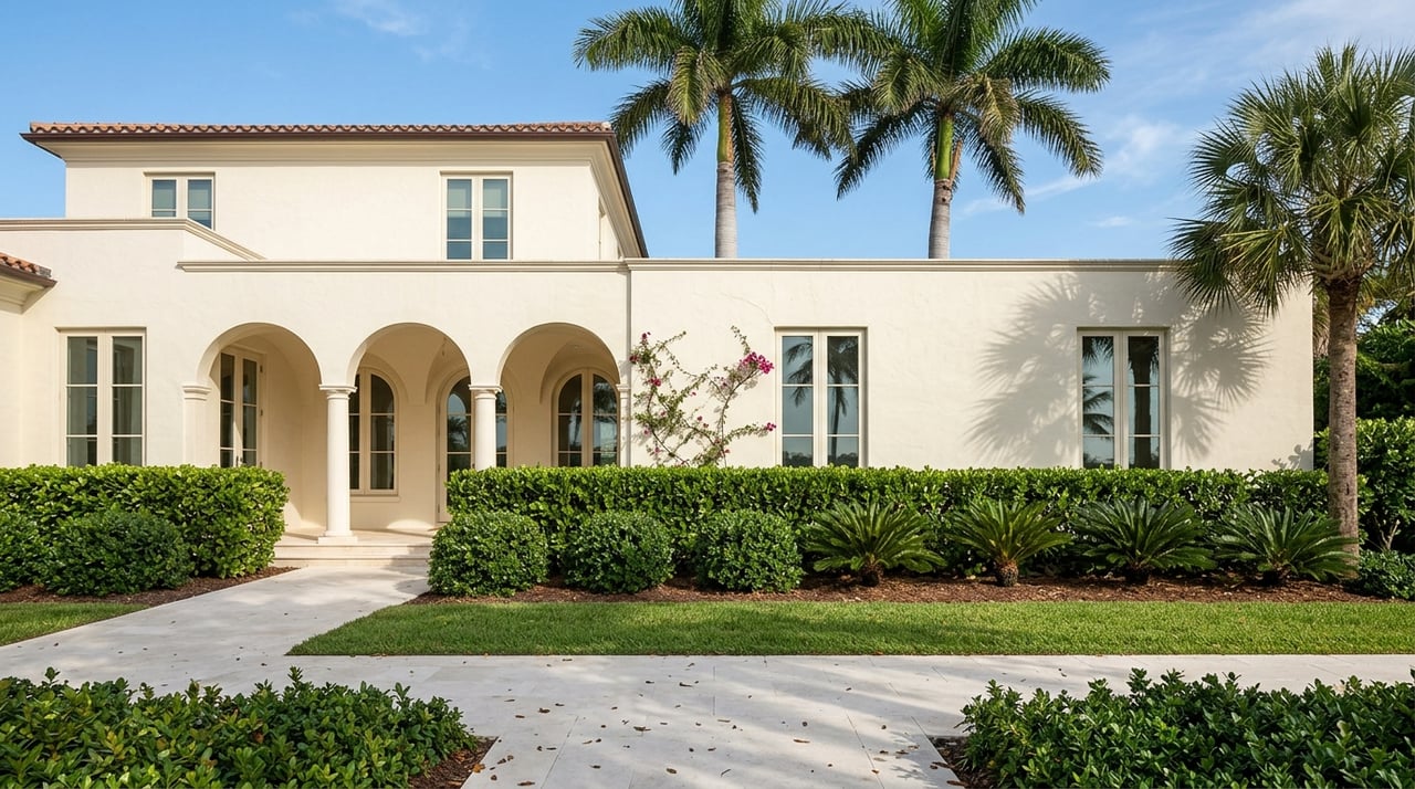 Cream-stucco coastal home with arched loggia, palm trees, layered shrubs, limestone walk, and manicured lawn.
