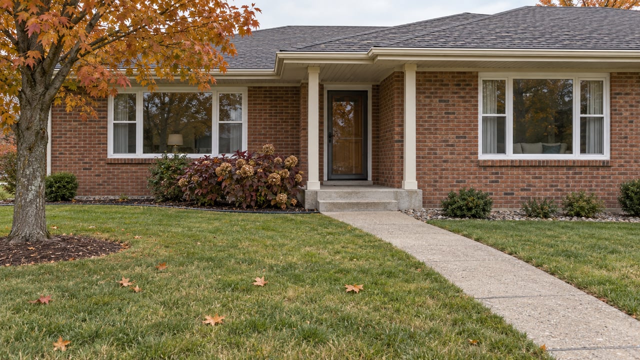 An autumn lawn and concrete walk lead to the sheltered entrance of a red-brown brick ranch beneath a low charcoal roof.