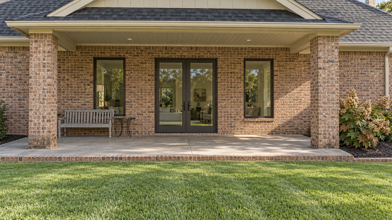 Brick home's covered rear terrace with paired glass doors, a weathered teak bench, oakleaf hydrangeas, and a gently varied lawn.
