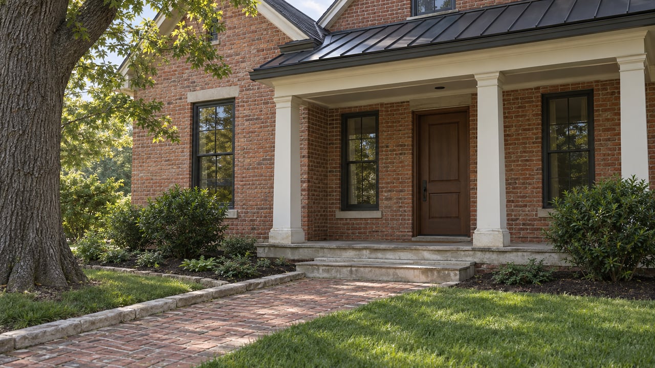 Brick house with a covered porch, timber door, sash windows, and a brick walk bordered by lawn and shrubs.