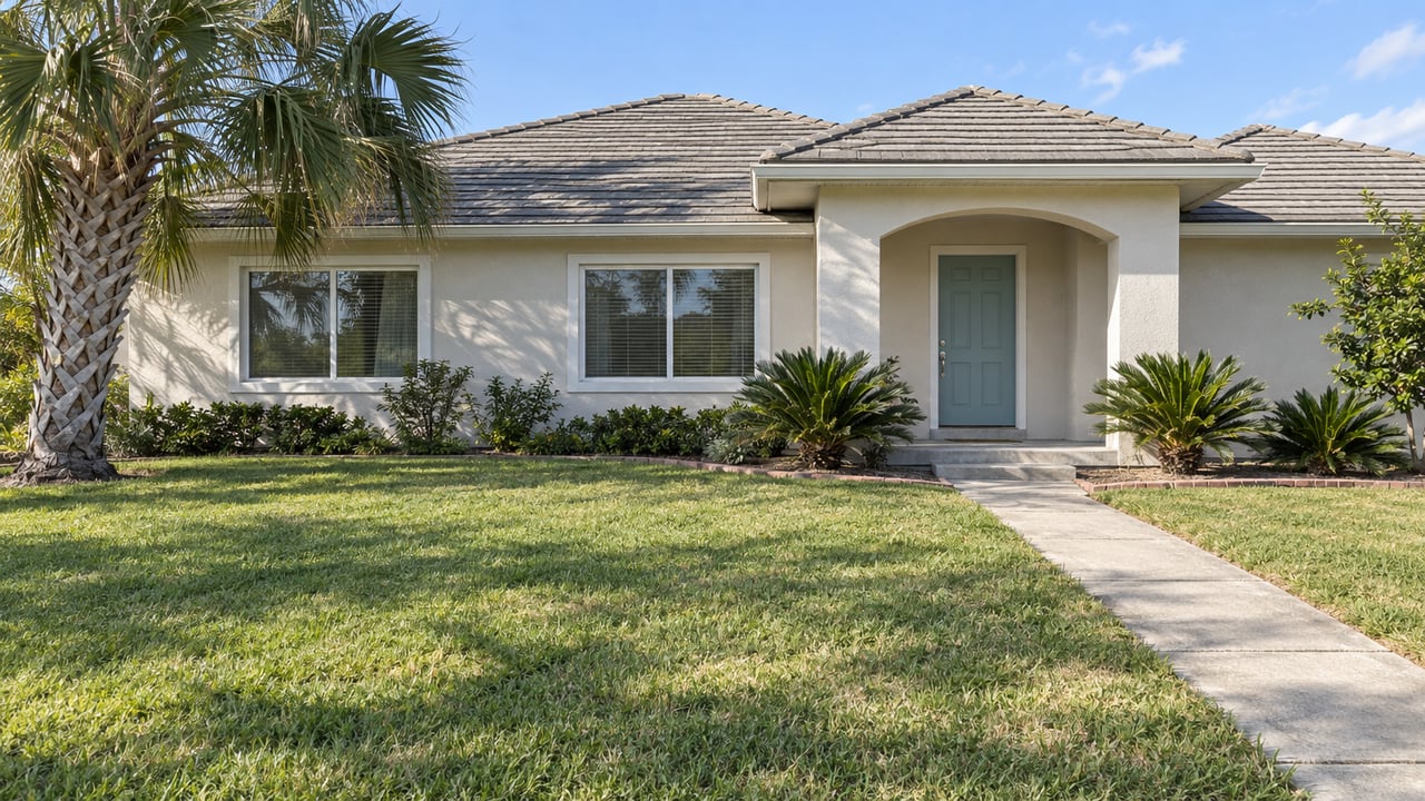 Light-stucco single-story home with a pale tiled roof, aqua entry door, broad front lawn, and a mature palm.