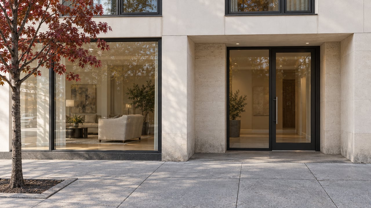 Pale contemporary condominium entrance with dark-framed glass, limestone walls and a red-leaved maple beside the sidewalk.