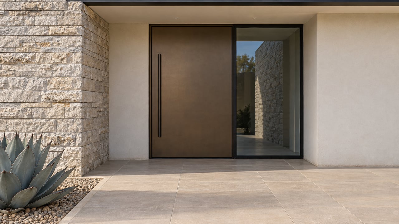 Contemporary home entry with a bronze pivot door, split limestone pier, pale tile approach and a blue-gray agave.