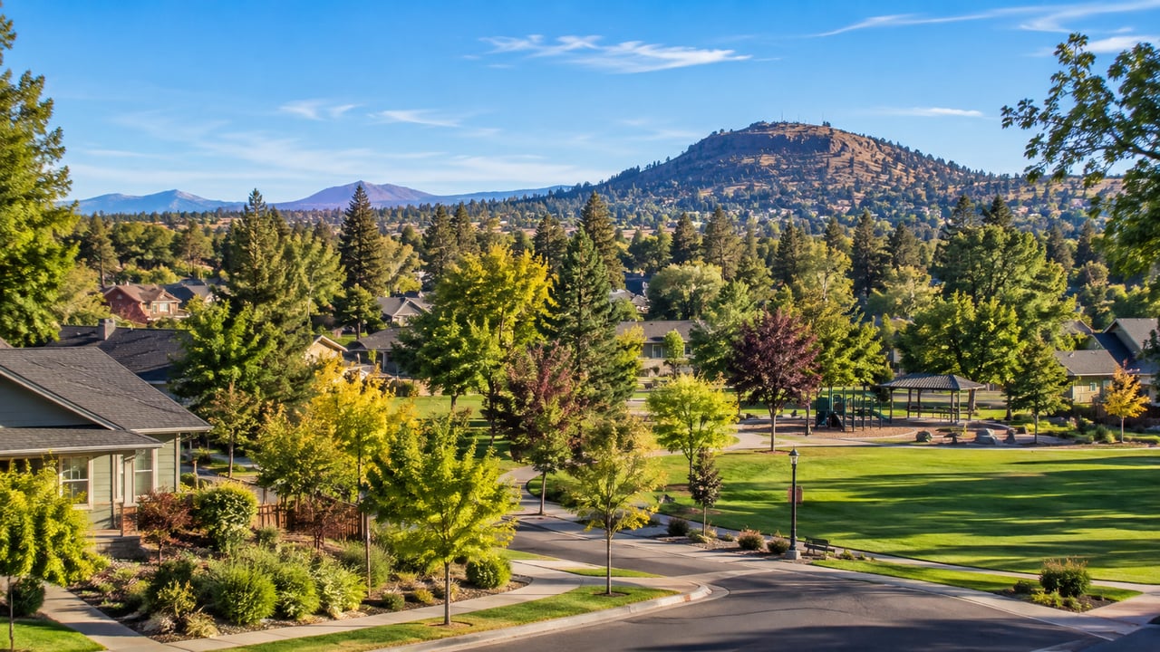 Bend neighborhood homes and a park beneath a rocky, tree-covered hill.