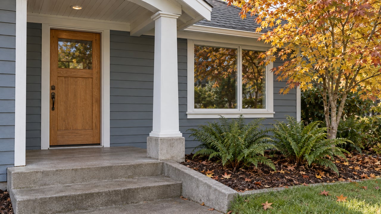 Blue-gray house entry with an oak door, white porch column, concrete steps and a yellow-leaved vine maple.