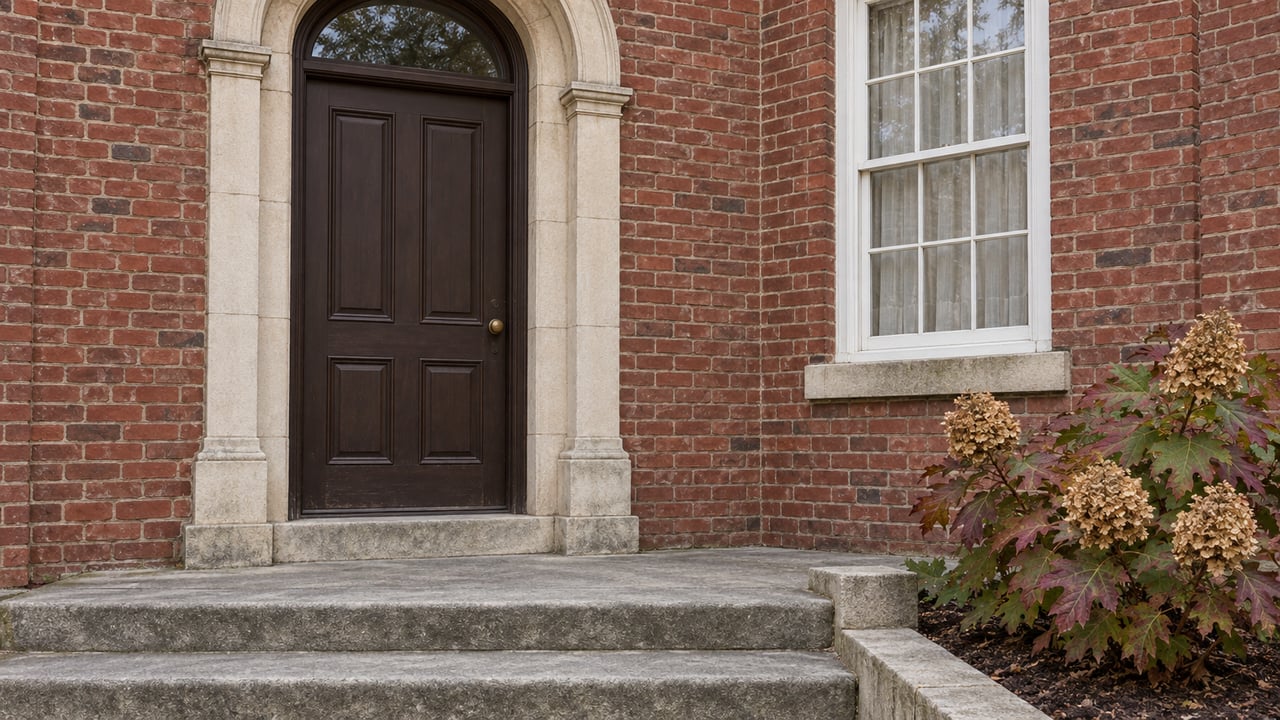 Traditional red-brick home entrance with a dark paneled door, limestone arch, white sash window and autumn oakleaf hydrangea beside stone steps.