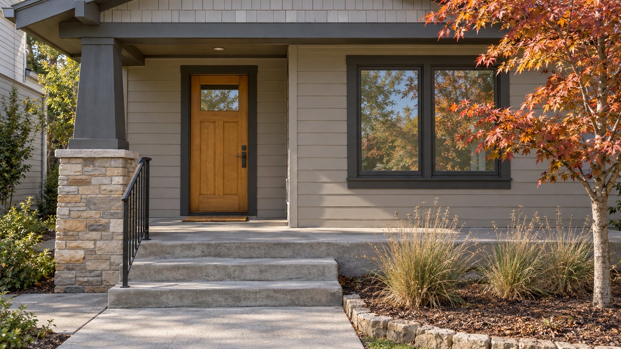 Morning light on a gray-sided home's oak entry door, stone-based porch column and concrete steps beside an amber-leaved maple.