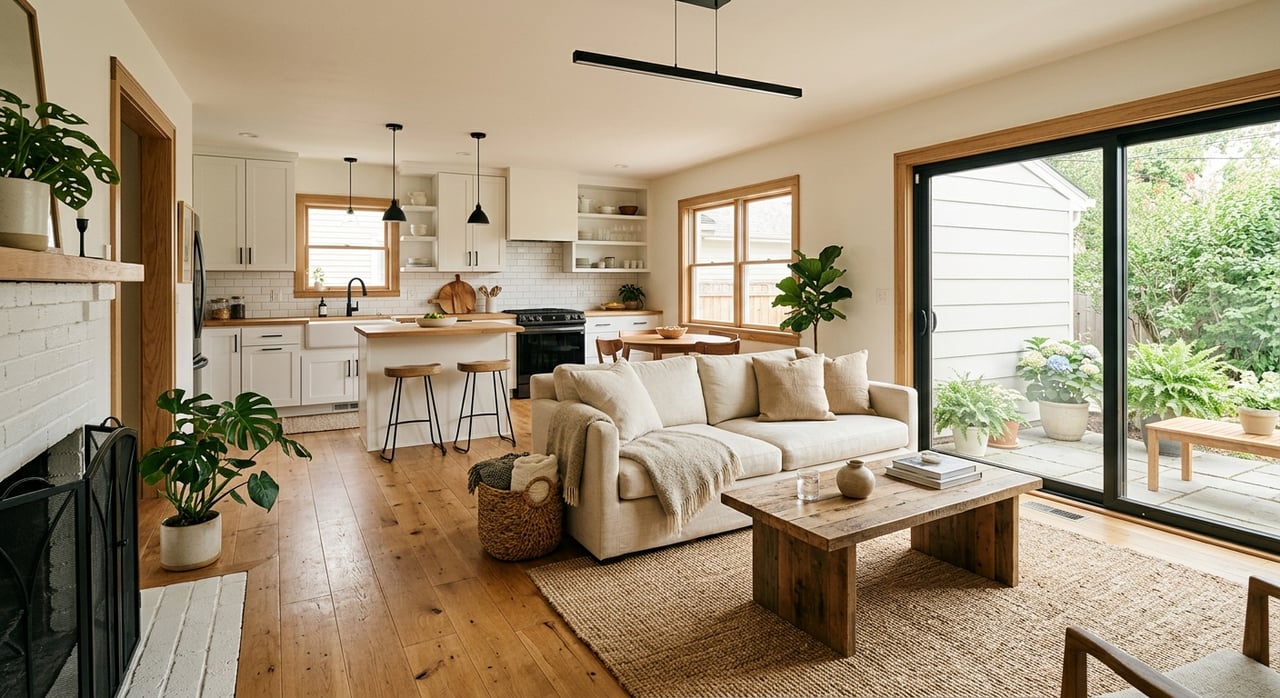 Open-plan living room and kitchen with linen sofa, charcoal island, oak floors, and large windows.