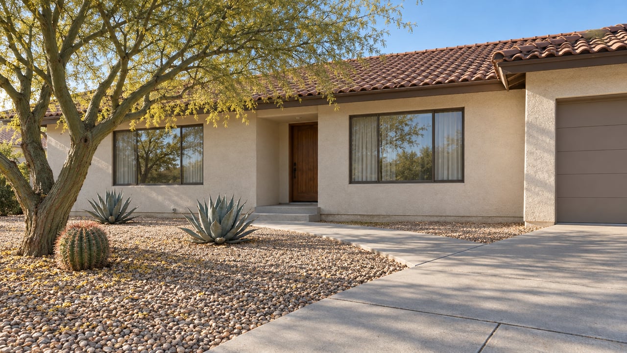 Cream stucco home with a low tiled roof, bronze-framed windows and a broad gravel garden with a sculptural tree and desert plants.
