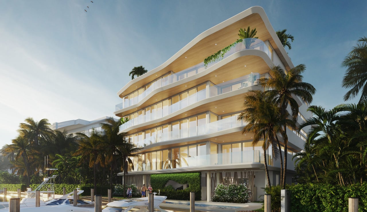 Rendering of street-side building exterior at Lumière on Hendricks Isle in Fort Lauderdale.