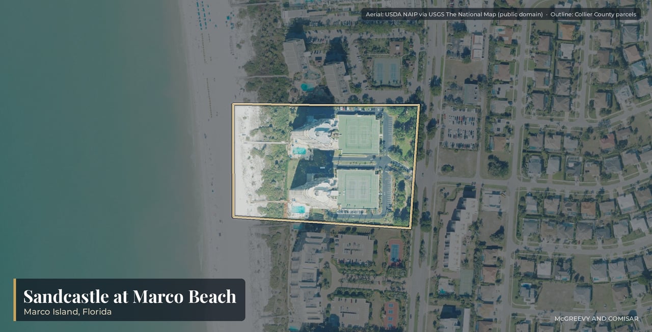 Aerial view of Sandcastle on Marco Island, Florida, the twin beachfront towers at 720 and 730 South Collier Boulevard