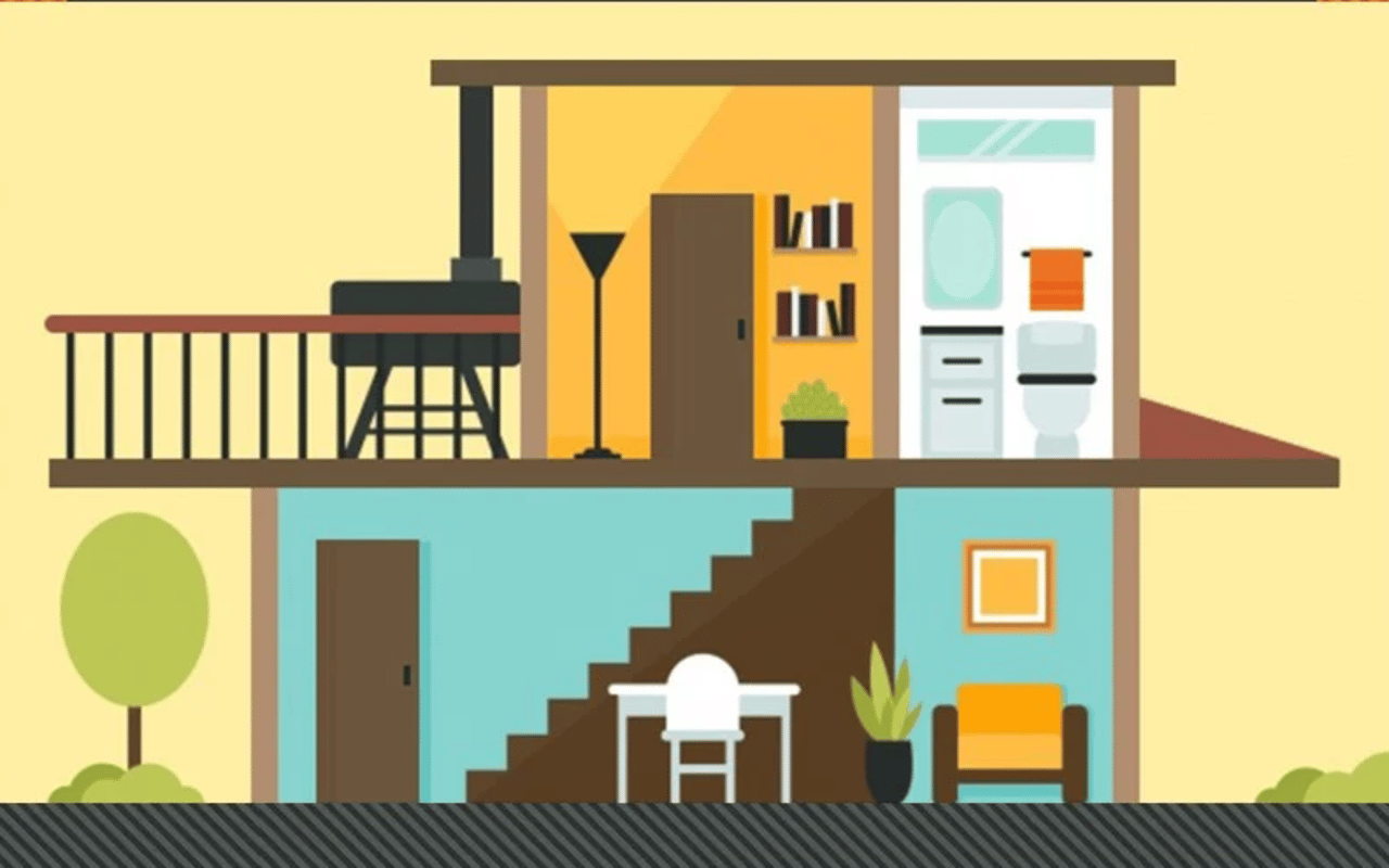 Illustrated two-story house cutaway with furnished rooms, a bathroom, balcony, and staircase.