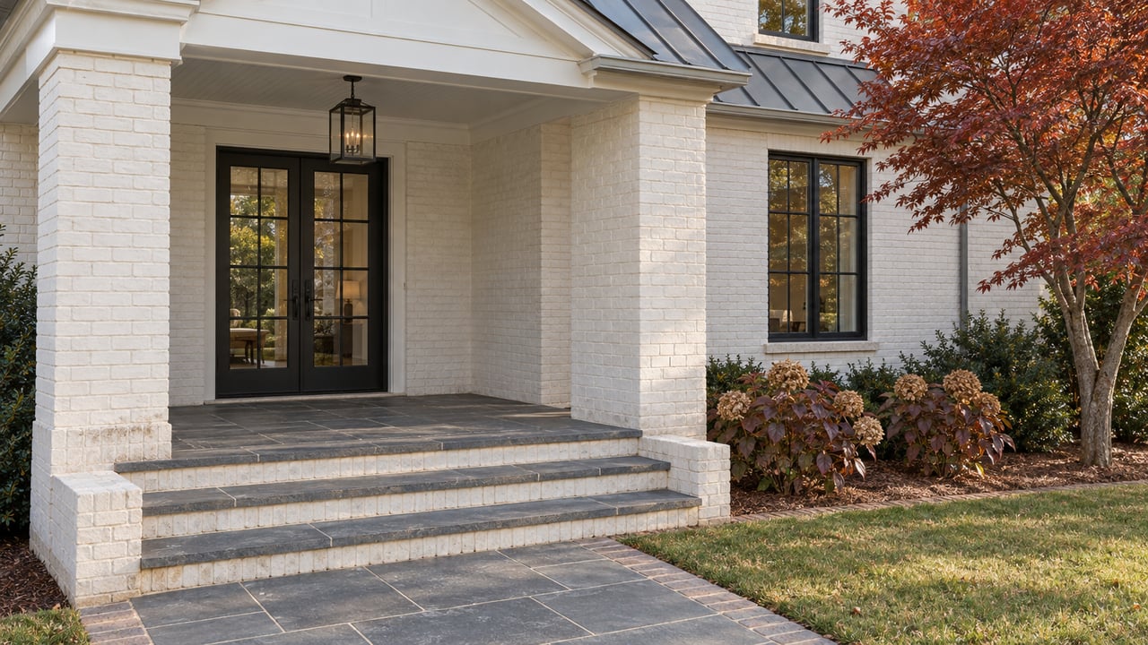 Warm-white painted-brick home with a covered slate entry, dark divided-light French doors and rust-red autumn planting.