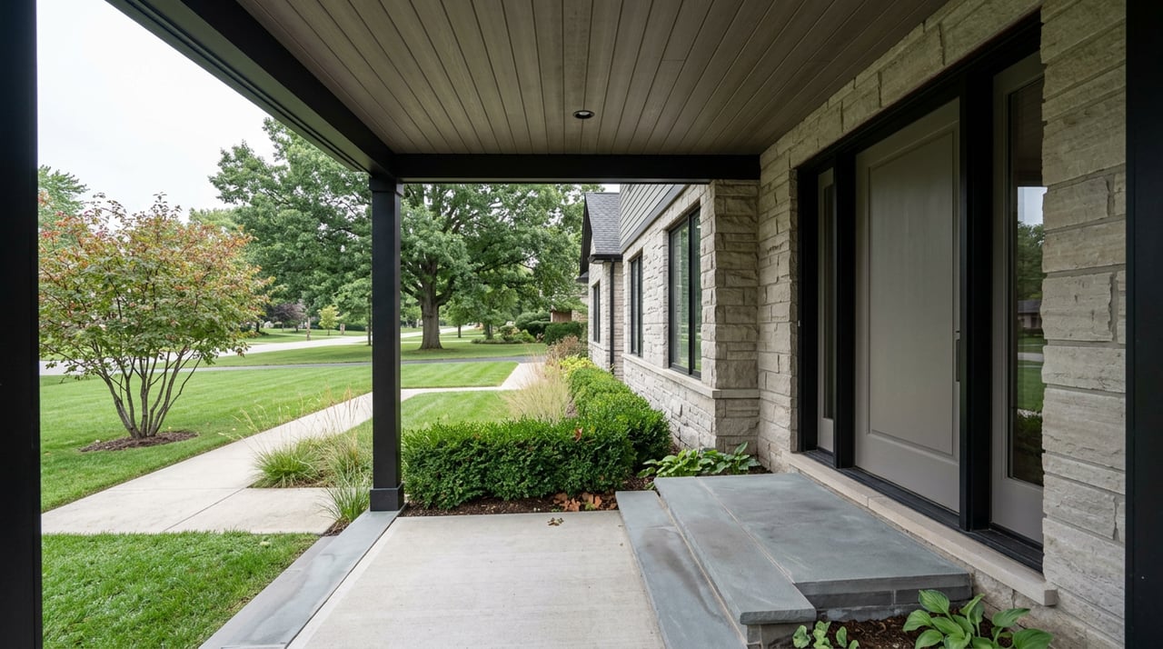 Limestone-framed front door beneath a wood-look portico, with bluestone steps leading past boxwoods to a broad lawn and oak.