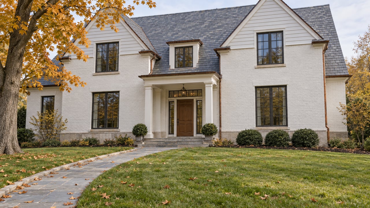 White painted-brick house with slate gables, a columned oak entry, bluestone approach, and an amber maple beside a broad autumn lawn.