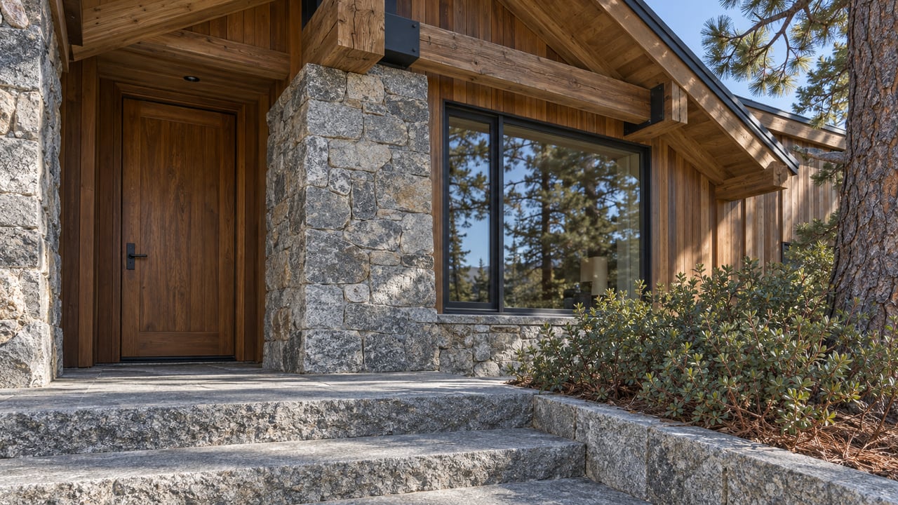 Covered timber entrance with weathered cedar siding, a wood door, sealed glazing and broad granite steps beside a pine and manzanita.