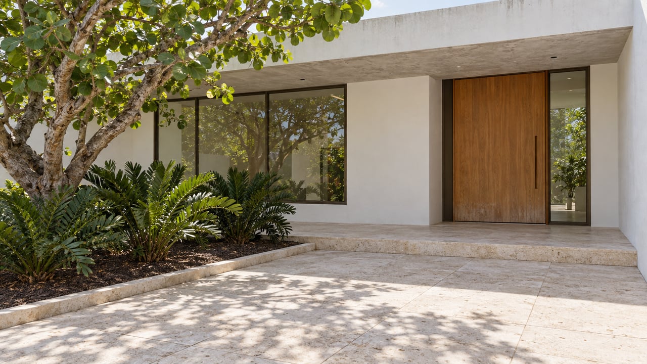 White stucco home with a shaded teak entrance, bronze-framed glass, coral limestone paving and a sculptural sea grape tree.