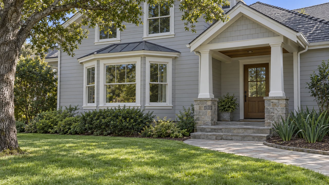 A pale gray two-story home's window bay and sheltered entry, with sandstone steps, a curved garden path and a mature oak.