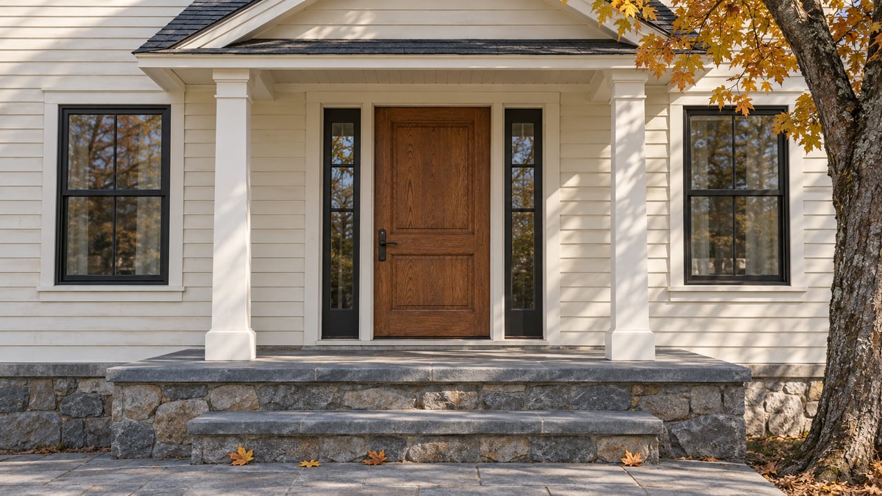 Sunlit ivory clapboard entry with an oak door, black-framed windows, bluestone steps and amber maple leaves.