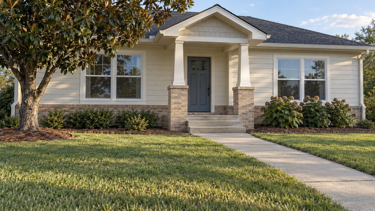 Single-story ivory-sided home with a shaded blue-gray front door, brick porch piers, concrete approach and a broad lawn.
