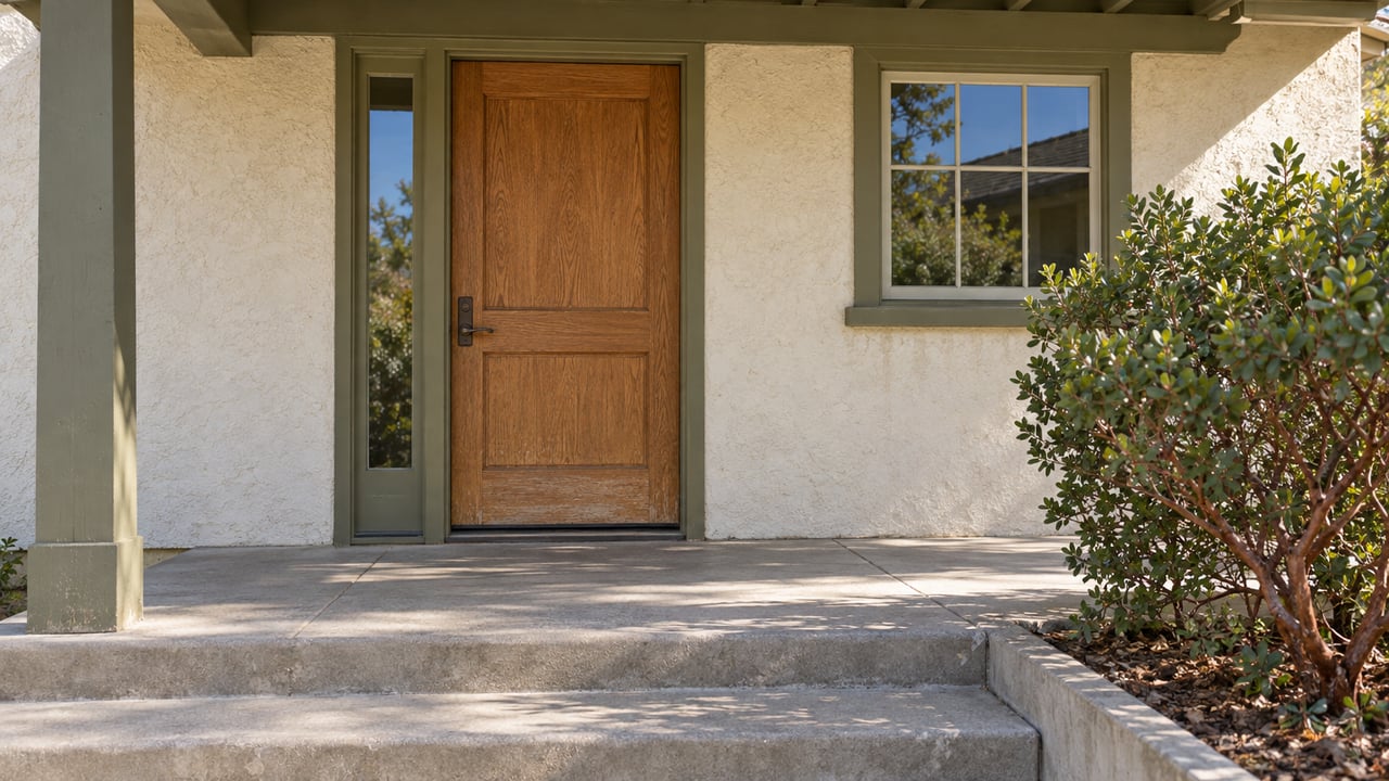 An oak front door and narrow sidelight beneath a timber porch, with ivory stucco, worn concrete steps, and a red-barked evergreen shrub.