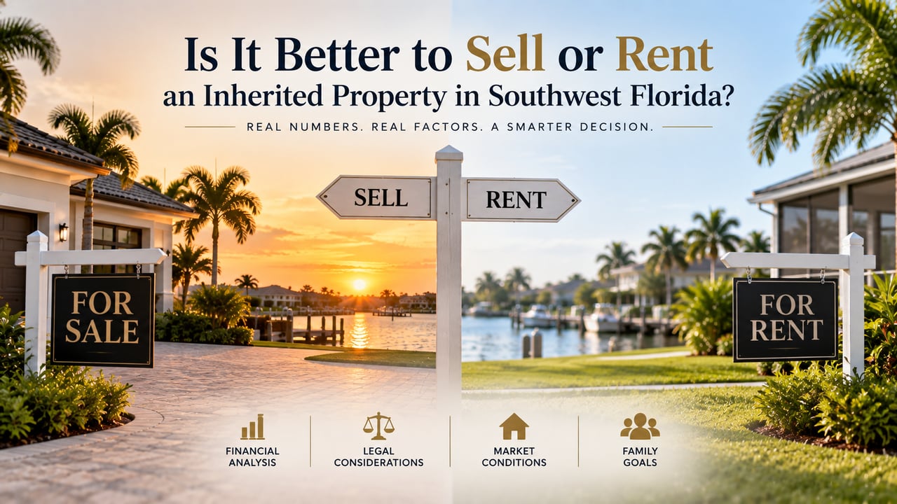 Southwest Florida inherited property illustrating the decision to sell or rent, with waterfront homes and real estate signs representing financial, legal, market, and family considerations for beneficiaries.