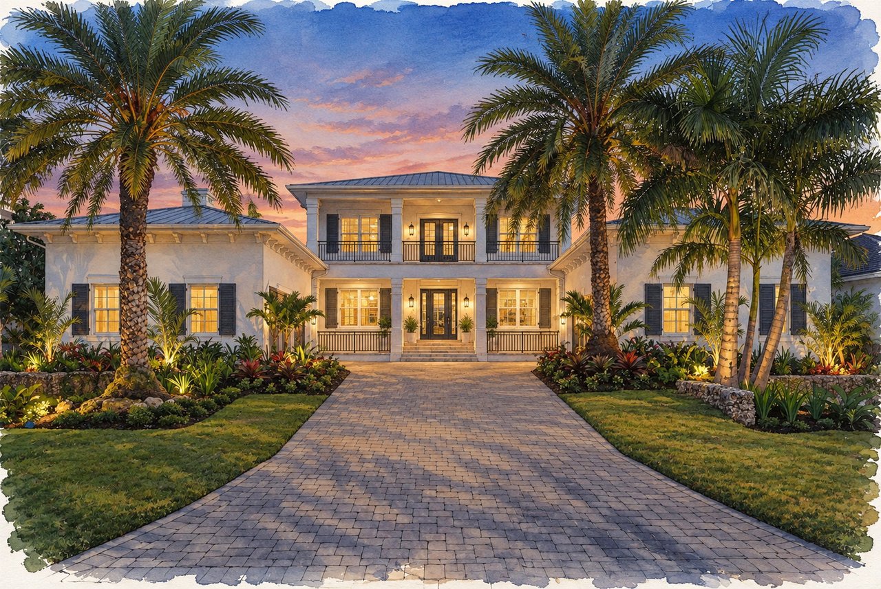 Two-story home framed by palm trees, with a broad paved driveway and warmly lit windows at dusk.