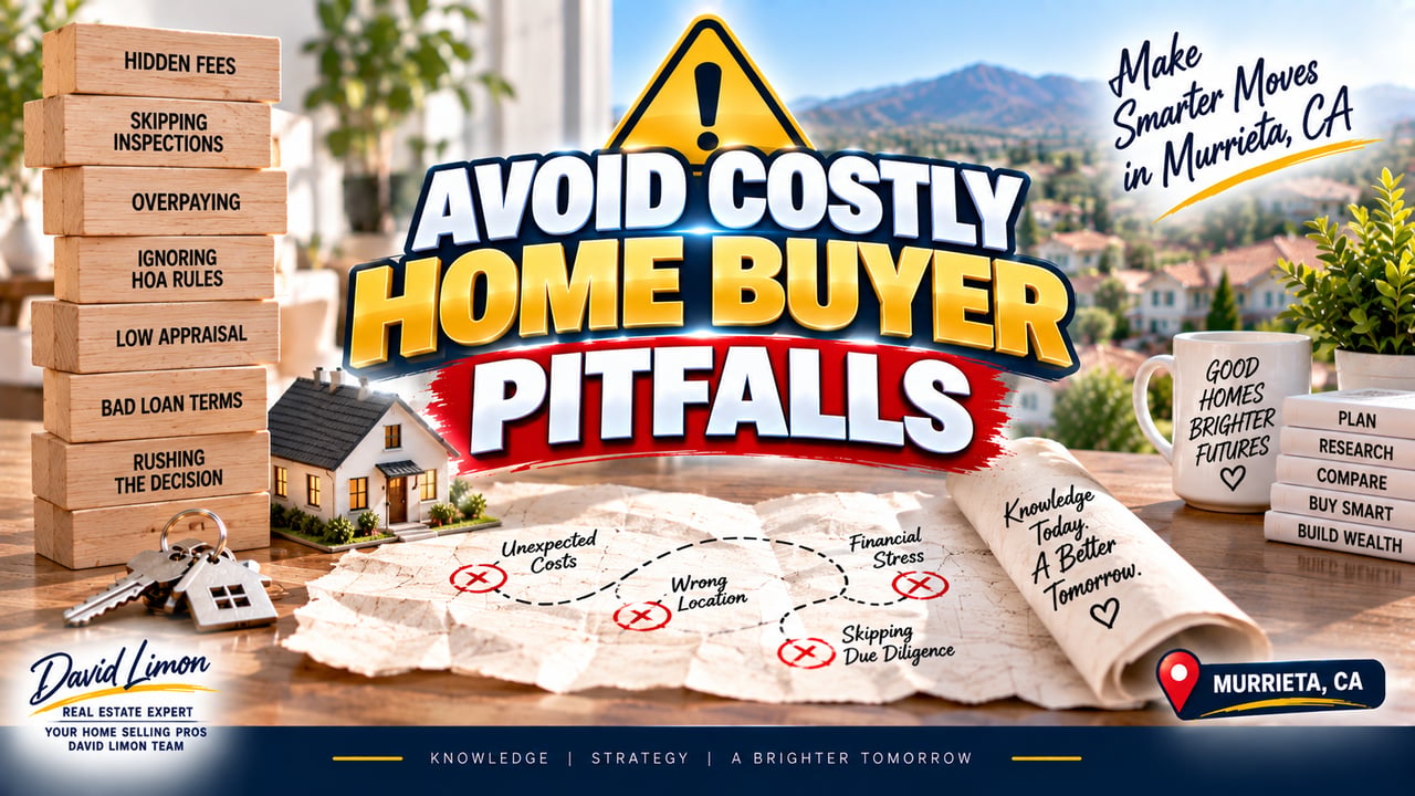 Stressed homebuyer graphic titled Avoid Home Buyer Pitfalls Save Thousands, representing real estate advice in Murrieta CA.