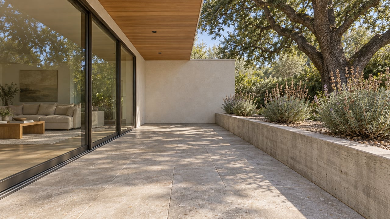 Low view across a limestone terrace beside bronze-framed living-room glass, a concrete planter with Cleveland sage, and a mature coast live oak.