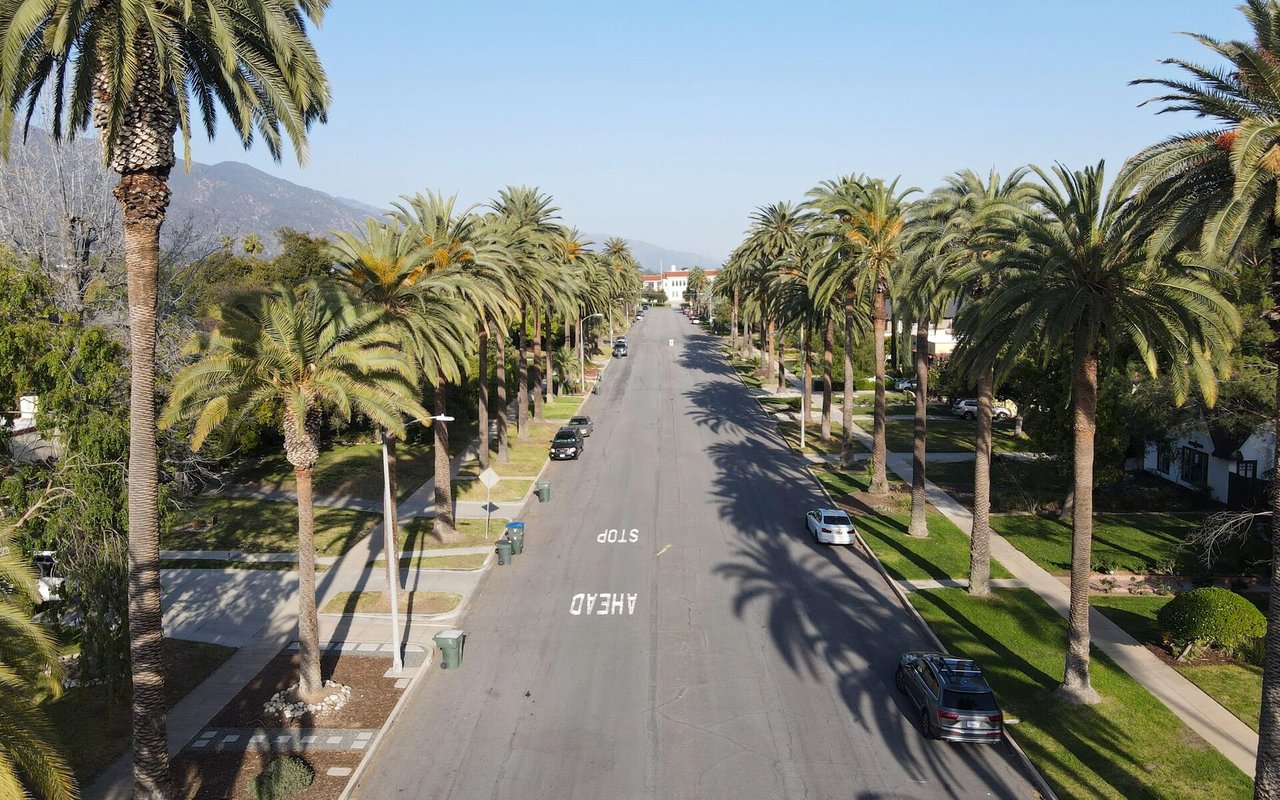 Aerial view of a palm-lined La Puente residential street with mountains in the distance.