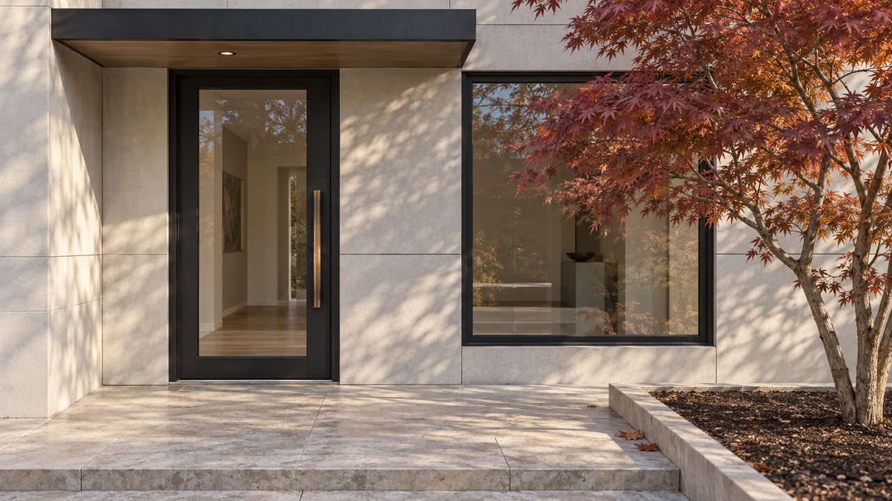 A renovated home's black-framed glass entry and pale paneled facade beside a copper-leaved maple and limestone landing.