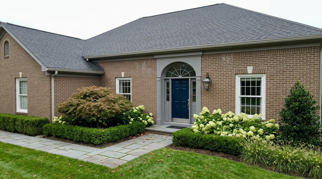 Two-story brick house with an arched fanlight, navy door, bluestone walk, and Japanese maple.