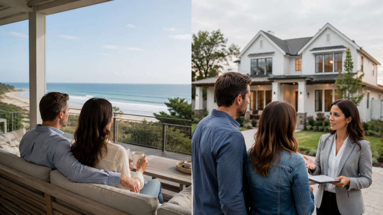 A side-by-side view of a couple relaxing at a luxury vacation home and buyers touring a high-end property with a real estate agent, illustrating the difference between purchasing a second home for personal use and an investment property for financial returns.