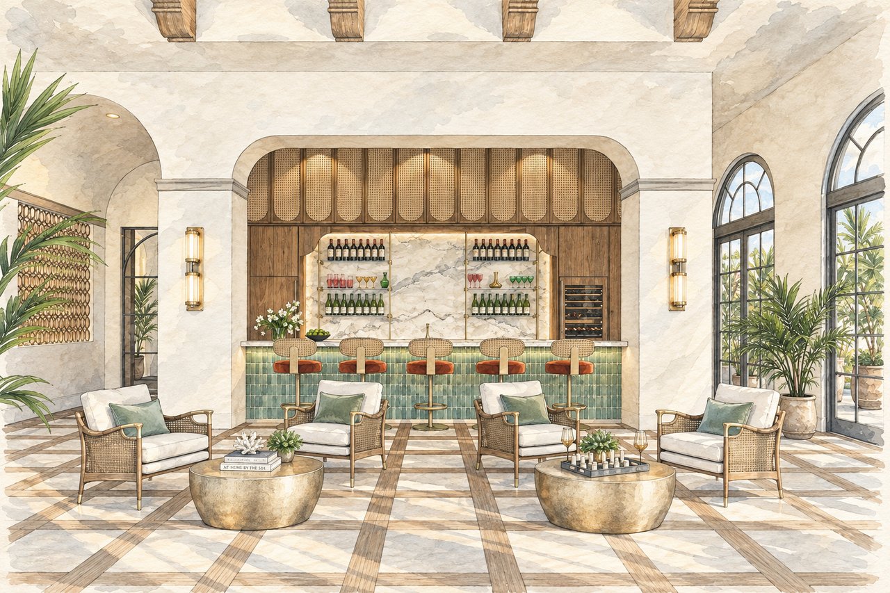 Communal lounge with a green-tiled bar, arched windows, and wicker seating.