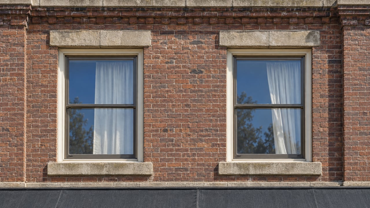 Sunlight across an older russet brick facade with two cream-framed upper windows, pale stone trim and the edge of a charcoal awning.