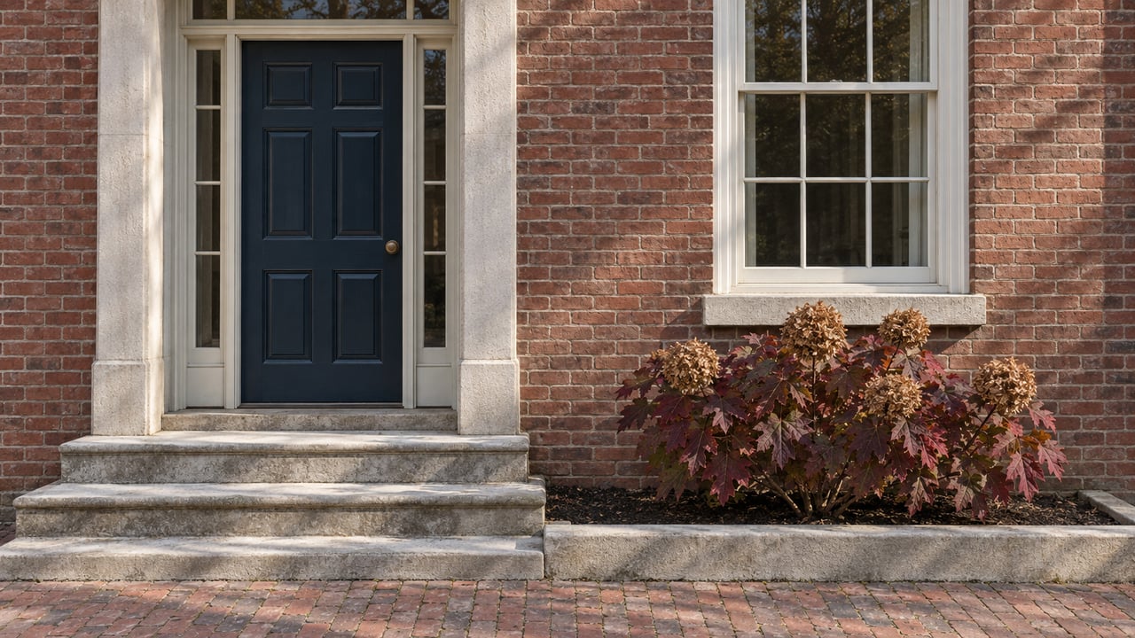 Red-brick townhouse entrance with a navy door, limestone steps, white sash window and burgundy oakleaf hydrangea.