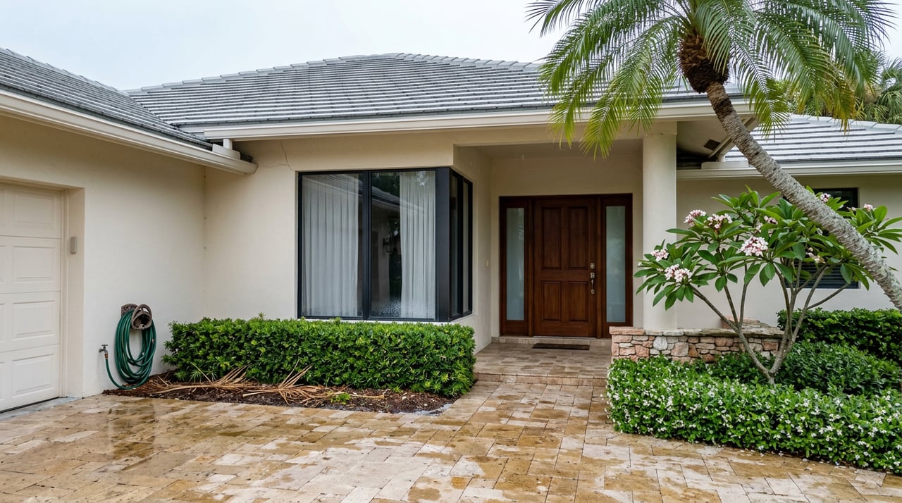 Coastal home entry with mahogany-stained doors, a palmetto, and rain-darkened stone pavers.