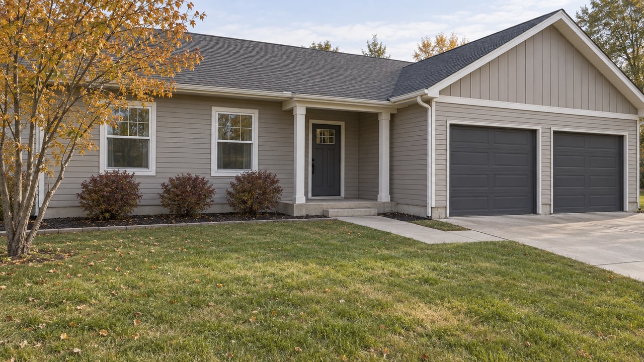 Taupe single-story home with a shallow covered entry, charcoal garage doors, a broad autumn lawn and a small serviceberry tree.