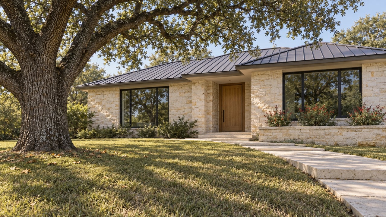 A mature spreading oak shades a deep autumn lawn in front of a pale limestone home with dark metal roofing and black-framed windows.