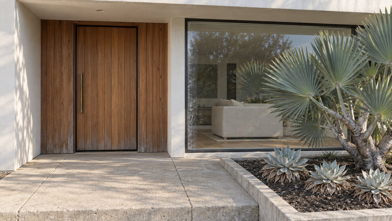 A cedar-clad contemporary entry beside a broad living-room window, with sculptural fan aloe and chalky succulent rosettes in a bordered garden bed.