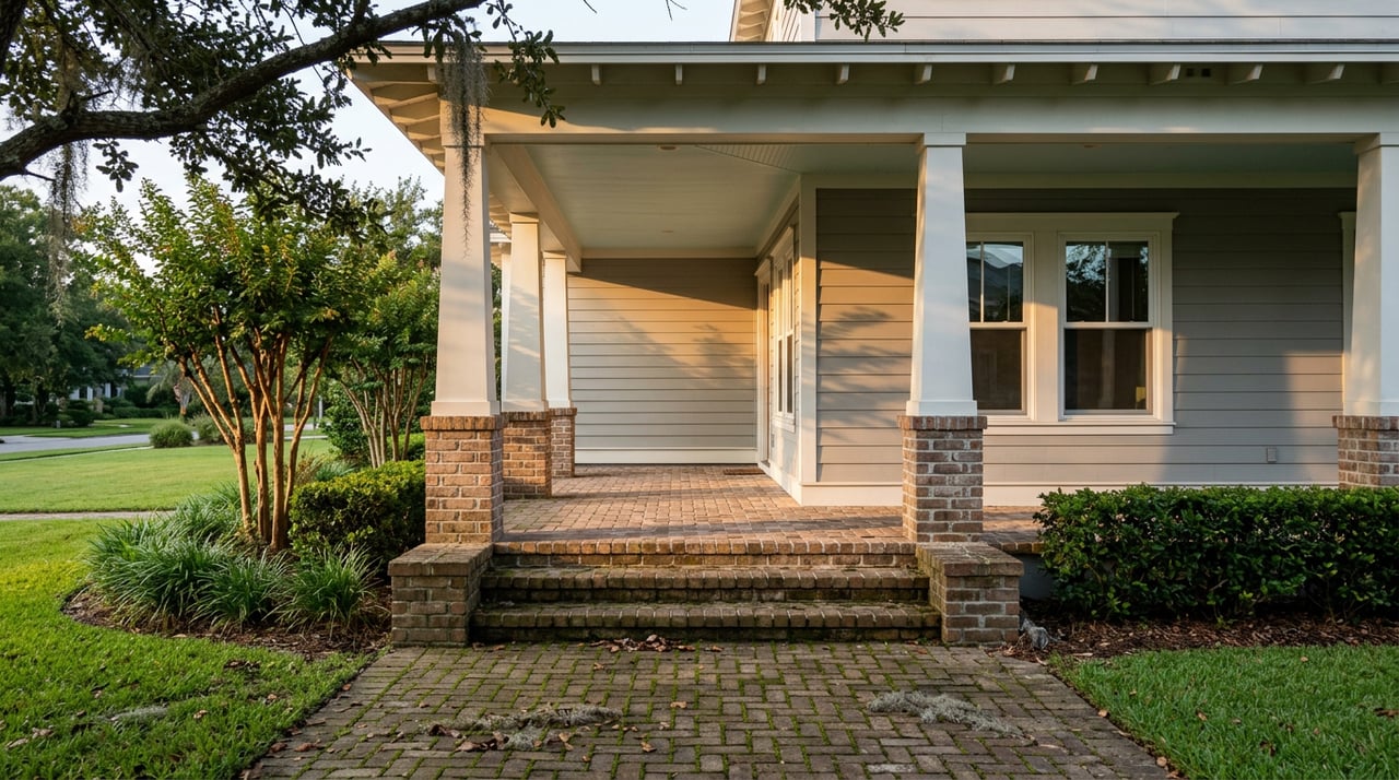 Gray shiplap home with a covered porch, white columns, brick steps, and a crape myrtle beside the walkway.