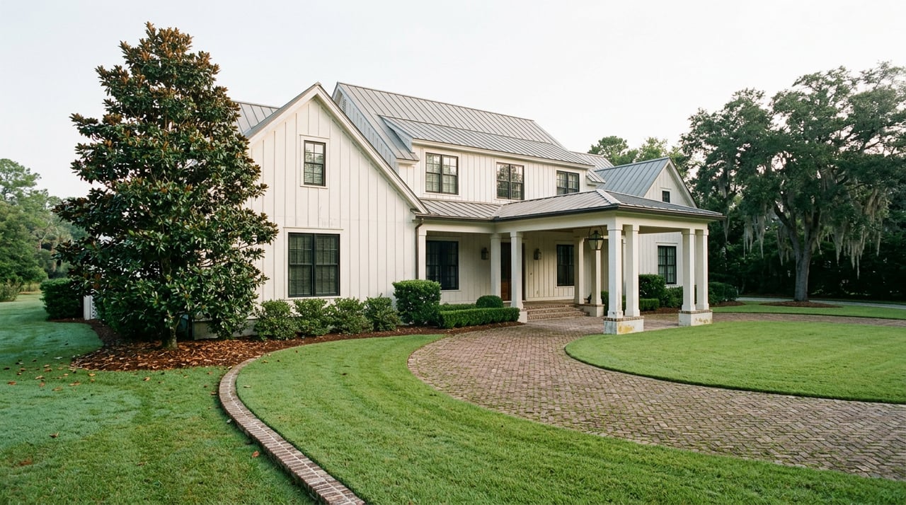 Oyster-white coastal home with a covered portico, circular brick driveway, magnolia tree, and broad lawn.