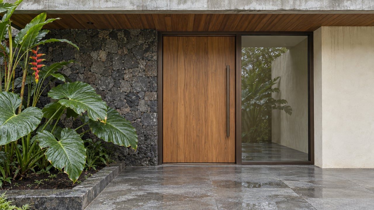 Rain-damp stone approach to a sheltered villa entry with teak door, volcanic stone wall and broad tropical leaves.